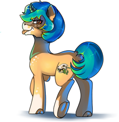 Size: 2300x2355 | Tagged: safe, artist:mylittlegodzilla, oc, oc only, oc:crystal beaker, pony, unicorn, coat markings, female, high res, mare, simple background, skull, smiling, socks (coat markings), solo, standing, tongue out, white background