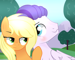 Size: 1280x1024 | Tagged: safe, artist:mint-light, artist:spacekingofspace, artist:themune, applejack, dirk thistleweed, earth pony, pegasus, pony, g4, alternate hairstyle, appledirk, base used, blushing, duo, equestria girls ponified, female, freckles, male, mare, ponified, raised hoof, shipping, stallion, straight, tree