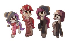 Size: 1006x572 | Tagged: safe, artist:freeedon, oc, oc only, earth pony, pegasus, pony, unicorn, clothes, female, hoodie, mare