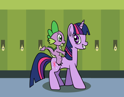 Size: 2048x1600 | Tagged: safe, artist:platinumdrop, spike, twilight sparkle, dragon, pony, unicorn, g4, dragons riding ponies, female, happy, lockers, male, mare, request, riding, smiling, spike riding twilight, unicorn twilight, walking