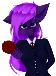 Size: 2046x2778 | Tagged: source needed, useless source url, safe, artist:kessa, oc, oc only, oc:misthil bloom, bat pony, anthro, anthro oc, bat pony oc, bat wings, blushing, clothes, female, flower, high res, looking at you, mare, simple background, solo, suit, white background, wings