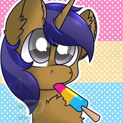 Size: 1024x1024 | Tagged: safe, artist:anxioussartist, oc, oc only, oc:lunar spice, pony, unicorn, commission, food, pansexual pride flag, popsicle, pride, pride flag, pride month, unobtrusive watermark, your character here