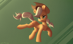 Size: 2775x1700 | Tagged: safe, artist:shido-tara, applejack, g4, angry, hat, jumping, raised tail, simple background, tail, wallpaper