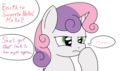 Size: 1920x1080 | Tagged: safe, artist:spritepony, sweetie belle, pony, unicorn, g4, concentrating, female, newbie artist training grounds, offscreen character, simple background, solo, speech bubble, talking, thinking