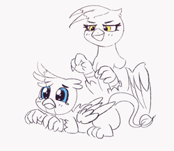 Size: 2026x1761 | Tagged: safe, artist:pabbley, gallus, gilda, griffon, g4, /mlp/ con, duo, gallabuse, imminent something, monochrome, sketches from a hat, teary eyes