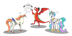 Size: 4176x2073 | Tagged: safe, artist:perfectblue97, princess celestia, alicorn, dragon, horse, pony, g4, american dragon jake long, butt, celestia is not amused, colored wings, concave belly, descriptive noise, folded wings, horse noises, jake long, multicolored wings, parody, physique difference, plot, princess celestia is a horse, she-ra and the princesses of power, simple background, slender, swift wind, swift wind is not amused, tall, thin, white background, wings