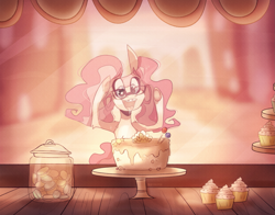 Size: 1997x1569 | Tagged: safe, artist:iheyyasyfox, oc, oc only, oc:marsha, earth pony, pony, cake, female, filly, food, glasses, offspring, parent:cheese sandwich, parent:pinkie pie, parents:cheesepie, solo