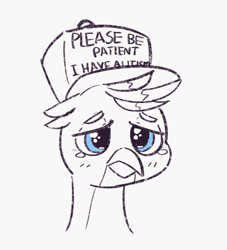 Size: 1186x1306 | Tagged: safe, artist:pabbley, gallus, griffon, g4, /mlp/ con, autism, crying, gallabuse, hat, male, monochrome, please be patient i have autism, sketches from a hat, solo, teary eyes
