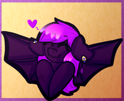 Size: 928x752 | Tagged: artist needed, source needed, safe, oc, oc only, oc:misthil bloom, bat pony, pony, bat pony oc, bat wings, eyes closed, floating heart, floppy ears, heart, jewelry, smiling, solo, wings