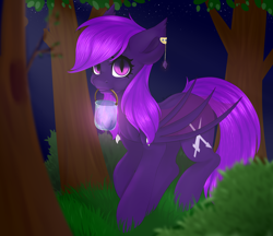 Size: 3000x2592 | Tagged: source needed, useless source url, safe, artist:kessa, oc, oc only, oc:misthil bloom, bat pony, pony, bat pony oc, bat wings, forest, high res, jewelry, mouth hold, night, solo, wings