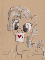 Size: 2444x3281 | Tagged: safe, artist:fladdrarblyg, trixie, pony, unicorn, g4, brown background, cute, diatrixes, female, heart, high res, looking at you, mare, mouth hold, note, pencil drawing, simple background, smiling, solo, traditional art