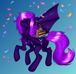 Size: 1539x1494 | Tagged: source needed, useless source url, safe, artist:miuliy, oc, oc only, oc:misthil bloom, bat pony, pony, bat pony oc, bat wings, cake, food, one eye closed, solo, wings, wink