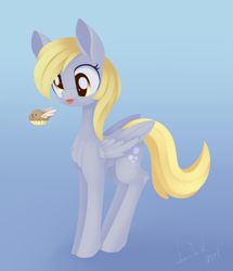 Size: 1140x1323 | Tagged: safe, artist:dusthiel, derpy hooves, pegasus, pony, g4, atg 2020, female, flying, food, gradient background, mare, muffin, newbie artist training grounds, solo, tongue out