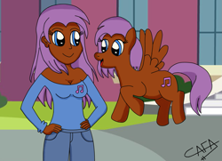 Size: 1169x846 | Tagged: safe, artist:cafakero, oc, oc only, oc:shaily melodi, human, pegasus, pony, equestria girls, g4, flying, hand on hip, human ponidox, looking at each other, self ponidox, smiling, spread wings, wings