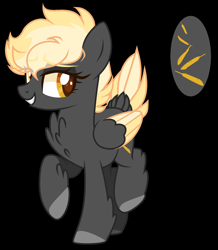 Size: 1896x2176 | Tagged: safe, artist:jackie-sheepwitch, oc, oc only, oc:feather fall, pegasus, pony, base used, black background, chest fluff, colored hooves, eyelashes, femboy, magical gay spawn, male, next generation, offspring, parent:thunderlane, parent:zephyr breeze, pegasus oc, raised hoof, reference sheet, simple background, smiling, solo, stallion, wings