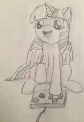 Size: 1140x1670 | Tagged: safe, twilight sparkle, alicorn, pony, g4, atg 2020, black and white, controller, female, grayscale, mare, monochrome, newbie artist training grounds, open mouth, paper, sitting, smiling, solo, traditional art, twilight sparkle (alicorn)