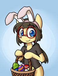 Size: 3055x4000 | Tagged: safe, artist:spheedc, oc, oc only, oc:sphee, earth pony, semi-anthro, arm hooves, basket, bunny ears, clothes, commission, cute, digital art, easter, easter egg, female, filly, glasses, gradient background, holiday, mare, shirt, solo, ych example, your character here