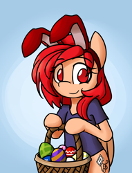 Size: 3055x4000 | Tagged: safe, artist:spheedc, oc, oc only, oc:ginger ferrochrome, pegasus, semi-anthro, arm hooves, basket, bunny ears, clothes, commission, cute, digital art, easter, easter egg, gradient background, holiday, shirt, solo, ych result