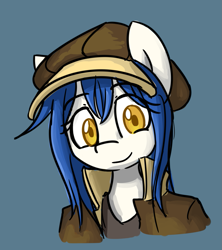 Size: 937x1053 | Tagged: safe, artist:spheedc, oc, oc only, oc:light chaser, earth pony, semi-anthro, blue hair, clothes, digital art, female, hat, mare, simple background, smiling, smiling at you, solo, yellow eyes