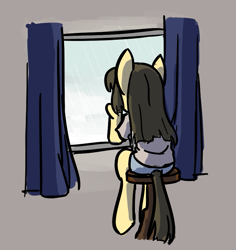 Size: 773x818 | Tagged: safe, artist:spheedc, oc, oc only, oc:sphee, earth pony, semi-anthro, arm hooves, curtains, digital art, female, filly, looking away, looking out the window, mare, simple background, sitting, solo, window
