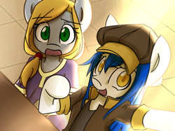Size: 4315x3236 | Tagged: safe, artist:spheedc, oc, oc:light chaser, oc:scarlet sky, earth pony, pegasus, semi-anthro, arm hooves, clothes, digital art, female, hat, looking at you, mare, selfie, sitting, table