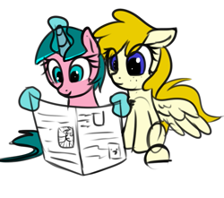Size: 747x659 | Tagged: safe, artist:neuro, oc, oc only, oc:artemis sparkshower, oc:lily glamerspear, pegasus, pony, unicorn, fanfic:everyday life with guardsmares, 4chan, everyday life with guardsmares, female, guardsmare, magic, mare, newspaper, royal guard, simple background, telekinesis, transparent background
