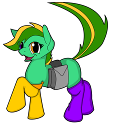 Size: 1932x2067 | Tagged: safe, oc, oc:fizz, earth pony, object pony, original species, phone pony, pony, artificial intelligence, bag, clothes, cyoa, earth pony oc, heterochromia, open mouth, phone, phonepones, raised hoof, saddle bag, simple background, smiling, socks, white background