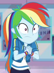 Size: 684x929 | Tagged: safe, screencap, rainbow dash, dashing through the mall, equestria girls, equestria girls specials, g4, my little pony equestria girls: better together, my little pony equestria girls: holidays unwrapped, cropped, female, geode of super speed, magical geodes, shrunken pupils, solo