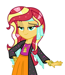 Size: 863x985 | Tagged: safe, artist:mint-light, sunset shimmer, equestria girls, g4, my little pony equestria girls: rainbow rocks, alternate hairstyle, bedroom eyes, bracelet, clothes, clothes swap, ethereal mane, eyelashes, female, jewelry, necklace, rainbow rocks outfit, simple background, smiling, solo, starry mane, transparent background
