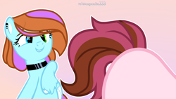 Size: 3262x1839 | Tagged: safe, artist:mint-light, oc, oc only, earth pony, pony, choker, duo, ear piercing, earth pony oc, eyes on the prize, face down ass up, female, mare, piercing, pink background, raised hoof, simple background, smiling