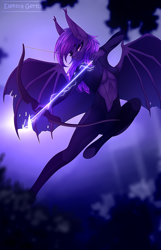 Size: 900x1400 | Tagged: safe, artist:elektra-gertly, oc, oc only, oc:misthil bloom, bat pony, anthro, absolute cleavage, anthro oc, arrow, bat pony oc, bat wings, bow (weapon), bow and arrow, breasts, cleavage, ear fluff, ear tufts, female, mare, skintight clothes, solo, weapon, wings