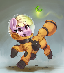 Size: 1191x1346 | Tagged: safe, artist:rexyseven, oc, oc only, oc:puppysmiles, firefly (insect), insect, pony, fallout equestria, fallout equestria: pink eyes, bag, cute, fanfic art, female, filly, hazmat suit, ocbetes, open mouth, radiation suit, saddle bag, solo