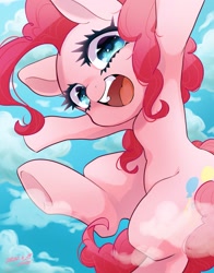 Size: 1609x2048 | Tagged: safe, artist:bbtasu, pinkie pie, earth pony, pony, g4, cloud, cute, diapinkes, female, looking at you, mare, open mouth, sky, solo