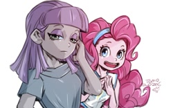 Size: 1000x625 | Tagged: safe, artist:babtyu, maud pie, pinkie pie, equestria girls, g4, my little pony equestria girls: better together, bust, cute, duo, female, looking at you, open mouth, pie sisters, siblings, simple background, sisters, white background