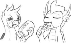 Size: 820x498 | Tagged: safe, artist:mkogwheel, gallus, smolder, dragon, griffon, g4, /mlp/ con, cookie, cookie jar, crumbs, crying, eating, eyes closed, food, gallabuse, monochrome, pure unfiltered evil, sketches from a hat, smoldouche