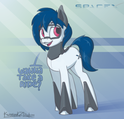 Size: 2200x2100 | Tagged: dead source, safe, artist:kozachokzrotom, oc, oc only, oc:merlin, original species, pony, rocket pony, abstract background, demo 2, dialogue, falcon 9, female, high res, ponified, rocket, smiling, smug, spacex