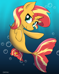 Size: 800x1000 | Tagged: safe, artist:empyu, sunset shimmer, seapony (g4), g4, 30 minute art challenge, bubble, cute, female, seaponified, seapony sunset, shimmerbetes, smiling, solo, species swap, underwater