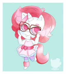 Size: 1280x1440 | Tagged: safe, artist:savvyeldritch, oc, oc only, unicorn, anthro, chibi, clothes, glasses, horn, leg warmers, skirt, solo, sua, unicorn oc