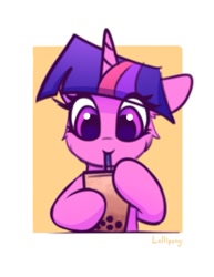 Size: 953x1235 | Tagged: safe, artist:lollipony, twilight sparkle, pony, g4, abstract background, atg 2020, bubble tea, cheek fluff, cute, drink, drinking, female, hoof hold, mare, newbie artist training grounds, solo, straw, twiabetes