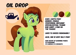 Size: 3243x2346 | Tagged: safe, artist:drafthoof, oc, oc only, oc:oil drop, earth pony, pony, female, high res, mare, reference sheet, solo