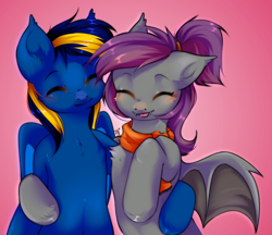 Size: 1942x1678 | Tagged: safe, artist:pledus, oc, oc:anneal, oc:solaris, bat pony, :p, bat pony oc, bat wings, brother and sister, clothes, duo, fangs, female, hug, male, ponytail, scarf, siblings, tongue out, winghug, wings
