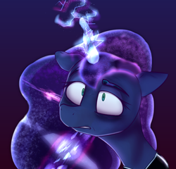 Size: 2600x2500 | Tagged: safe, artist:packy paca, princess luna, alicorn, pony, g4, angry, female, high res, magic, simple background, solo, tired