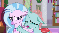 Size: 1280x720 | Tagged: safe, screencap, ocellus, silverstream, changeling, classical hippogriff, hippogriff, g4, the hearth's warming club, crying, cute, diaocelles, diastreamies, duo, duo female, female, sad, sadorable, school of friendship