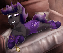 Size: 2445x2030 | Tagged: safe, artist:jesterpi, oc, oc:smoky daze, pony, unicorn, clock, couch, happy, high res, horn, lying down, relaxing, smiling, smirk, sun, watch