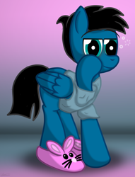 Size: 5036x6600 | Tagged: safe, artist:agkandphotomaker2000, oc, oc:pony video maker, pegasus, pony, bunny slippers, clothes, eye bag, looking at you, messy mane, messy tail, shirt, simple background, slippers, t-shirt, woke up like this