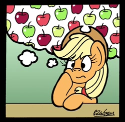 Size: 1024x1004 | Tagged: safe, artist:bobthedalek, applejack, earth pony, pony, g4, apple, applejack's hat, cheek squish, cowboy hat, daydream, female, food, hat, newbie artist training grounds, solo, squishy cheeks, that pony sure does love apples, thought bubble