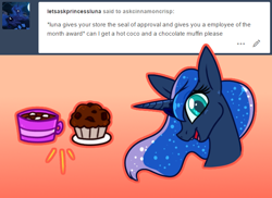 Size: 698x507 | Tagged: safe, artist:esmeia, princess luna, alicorn, pony, g4, ask, bust, coffee, cup, cupcake, ethereal mane, female, followers, food, mare, open mouth, plate, smiling, starry mane, tumblr