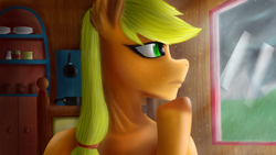 Size: 3840x2160 | Tagged: safe, artist:flaxen's art corner, applejack, pony, g4, blonde, female, green eyes, high res, particles, rain, solo, thinking