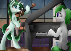 Size: 3500x2500 | Tagged: safe, oc, oc only, pegasus, pony, unicorn, green hair, high res, musical instrument, musician, orchestra, piano, shocked, sky, smiling, violin, window