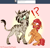 Size: 1632x1558 | Tagged: safe, artist:esmeia, oc, oc only, oc:cinnamon crisp, oc:mkali, pony, zebra, zebracorn, ask, blushing, chest fluff, cinnakali, cute, duo, exclamation point, female, interrobang, looking down, male, mare, open mouth, question mark, raised hoof, rule 63, stallion, surprised, unshorn fetlocks